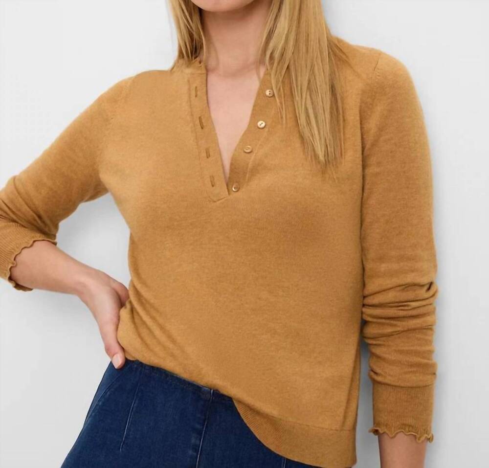 NEW NIC + ZOE women's henley ruffle sweater in caramel